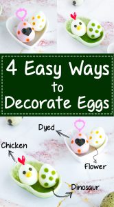 4 Ways to Decorate Eggs - Step-by-step tutorial (+ video!) for making colored eggs, dinosaur eggs, flower eggs, & chicken eggs. Makes the perfect addition to any bento box! Works on hard-boiled quail or chicken eggs. | www.loveatfirstbento.com