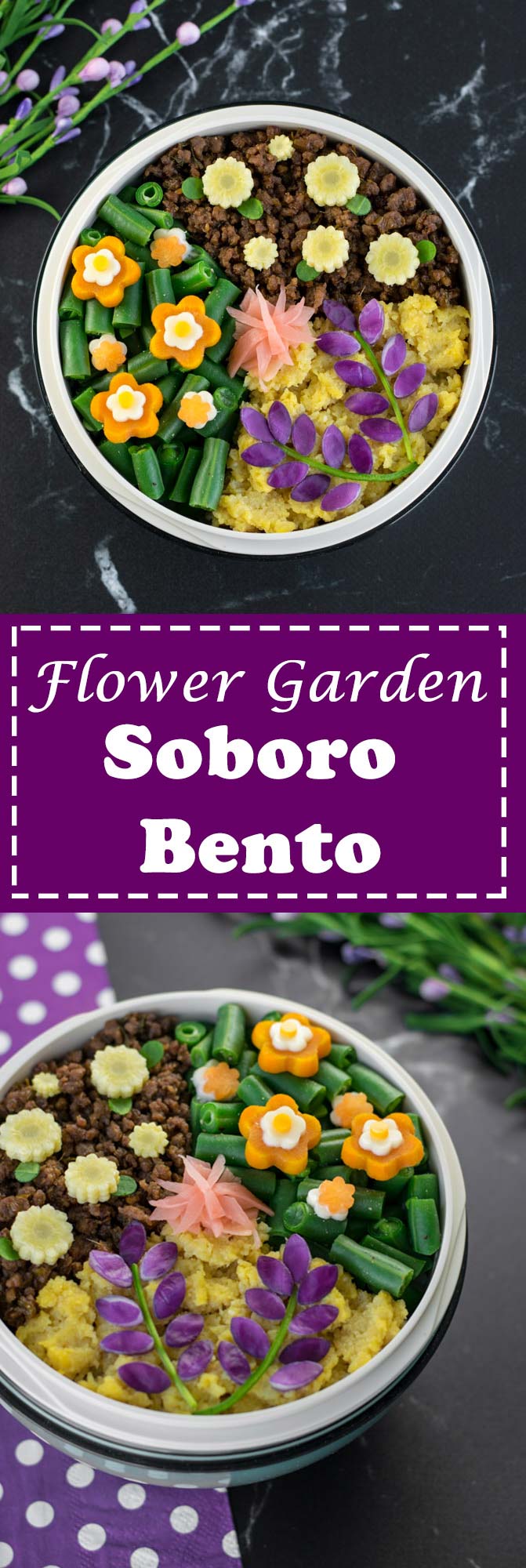 Flower Garden Soboro Bento Box - Learn how to easily make a beautiful flower garden soboro bento that's almost too pretty to eat! Plus, a secret tip that makes decorating even easier. Recipe at loveatfirstbento.com