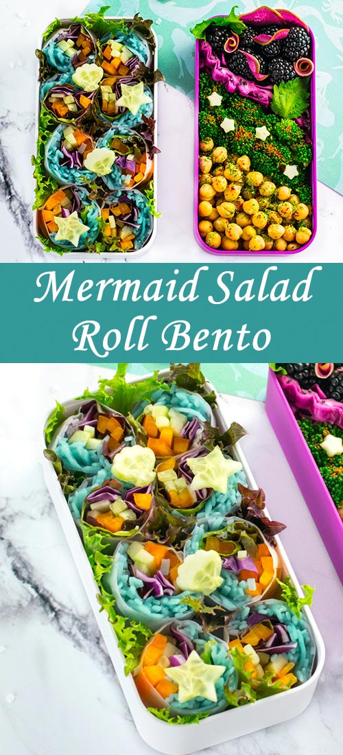 Mermaid Salad Rolls - Learn how to transform regular salad rolls into mermaid salad rolls, by filling them with mermaid noodles! 100% natural dye technique that is shockingly simple! Recipe at loveatfirstbento.com | bento box, bento, lunch box