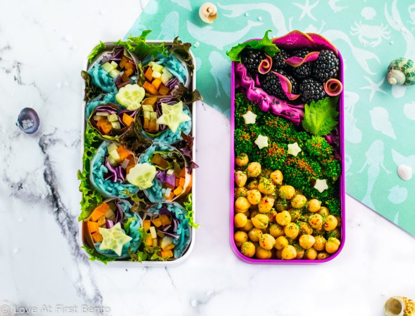 Mermaid Salad Rolls - Learn how to transform regular salad rolls into mermaid salad rolls, by filling them with mermaid noodles! 100% natural dye technique that is shockingly simple! Recipe at loveatfirstbento.com | bento box, bento, lunch box