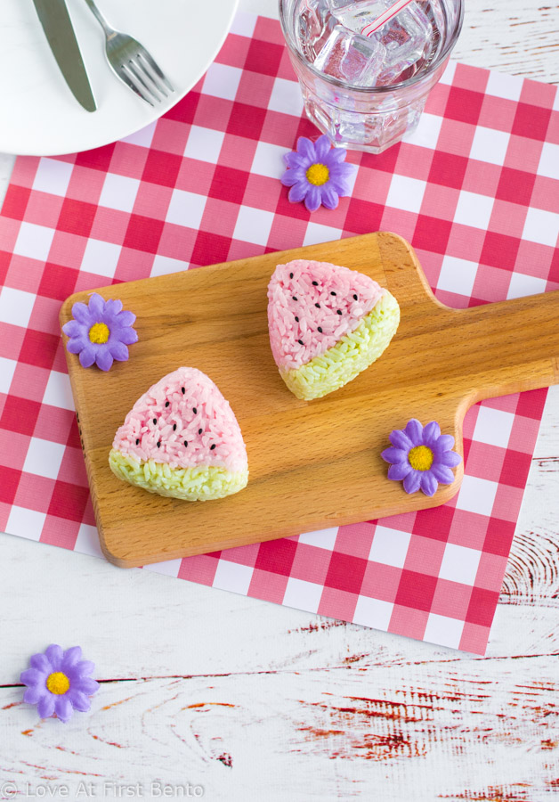 Watermelon Onigiri - Fun to make & delicious to eat, watermelon onigiri are the perfect summer bento box or picnic lunch item! Learn how to make these adorable summer rice balls by visiting www.loveatfirstbento.com (includes video tutorial!)