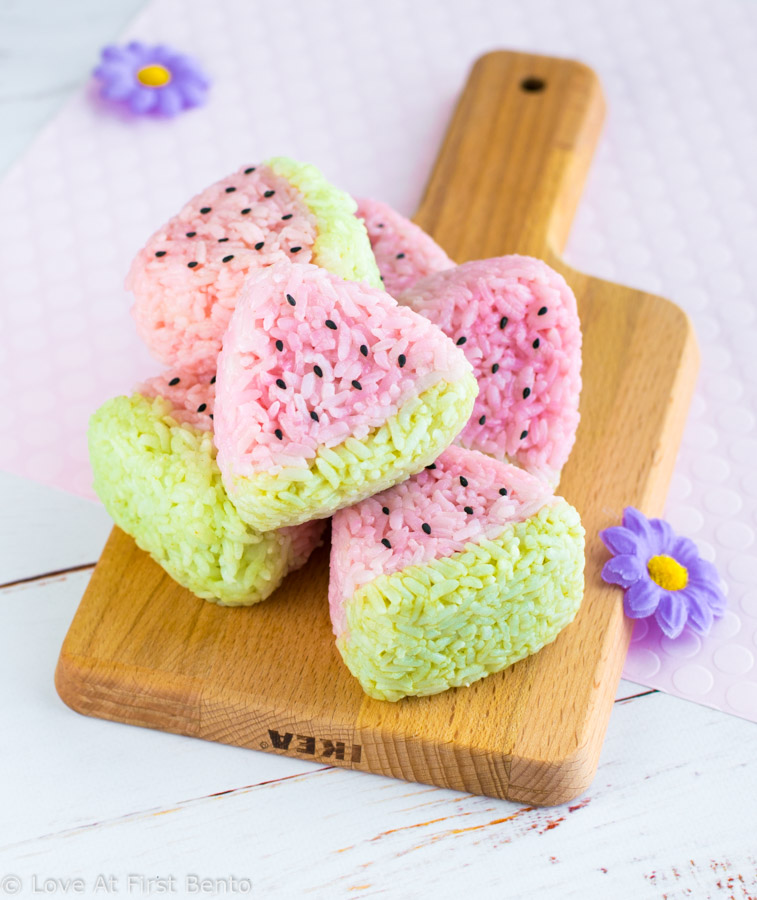Watermelon Onigiri - Fun to make & delicious to eat, watermelon onigiri are the perfect summer bento box or picnic lunch item! Learn how to make these adorable summer rice balls by visiting www.loveatfirstbento.com (includes video tutorial!)