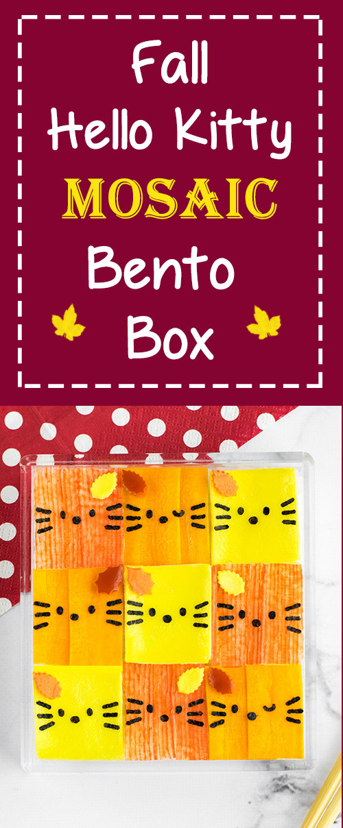 Fall Hello Kitty Mosaic Bento Box - This step-by-step recipe tutorial can be mastered by anyone, thanks to these 3 simple tips! A beautiful bento box lunch that's perfect for Hello Kitty fans of all ages. Get the recipe (with video tutorial) by visiting loveatfirstbento.com | autumn, kyaraben, character bento