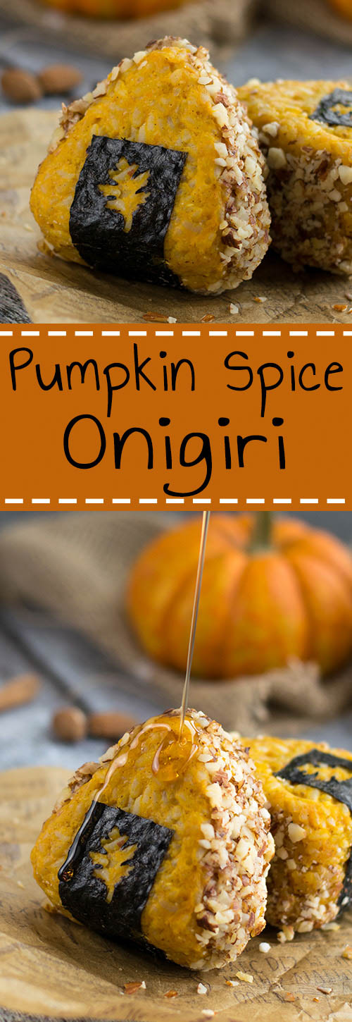 Pumpkin Spice Onigiri - Learn how to make pumpkin spice rice, which is combined with easy honey almonds for an unforgettable autumn rice ball experience. A must try for all pumpkin spice lovers! | loveatfirstbento.com [bento box, bento, fall]