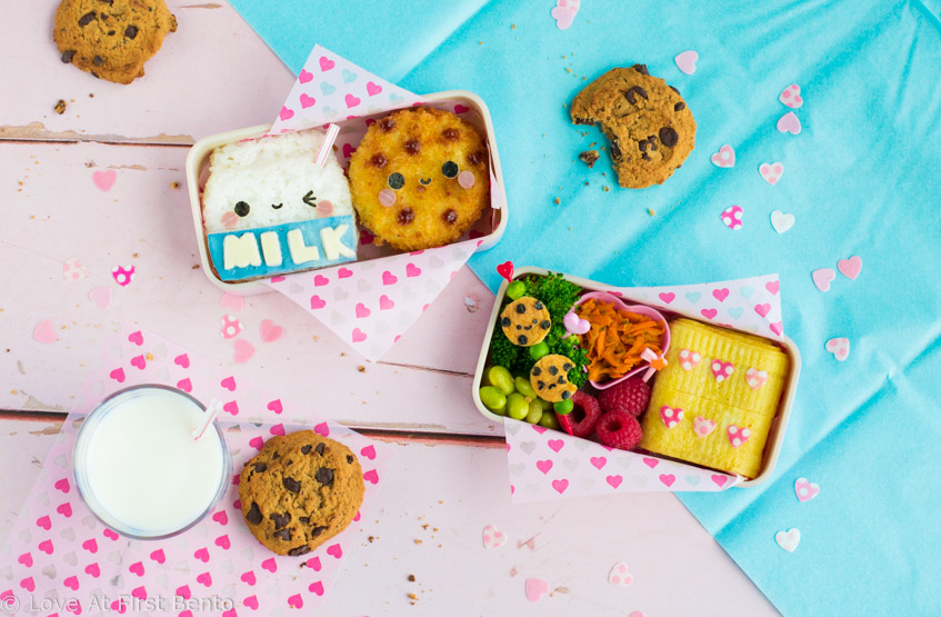 Milk & Cookies Bento Box - Made from rice and potato korokke, this milk & cookies bento box may just be the cutest lunch ever! Find out the secret kitchen hack used to easily shape the rice, + how to dye food blue NATURALLY in under 10 seconds | loveatfirstbento.com