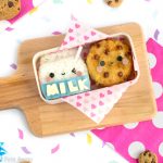 Milk & Cookies Bento Box - Made from rice and potato korokke, this milk & cookies bento box may just be the cutest lunch ever! Find out the secret kitchen hack used to easily shape the rice, + how to dye food blue NATURALLY in under 10 seconds | loveatfirstbento.com