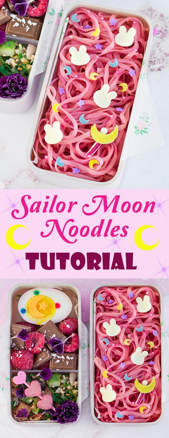 Sailor Moon Noodles Bento Box - Learn exactly how to make this gorgeous character bento box that's fit for a moon princess! Featuring super easy naturally colored pink noodles, an edible mini Moon Stick, and an easy-to-follow video tutorial. Get the recipe at loveatfirstbento.com