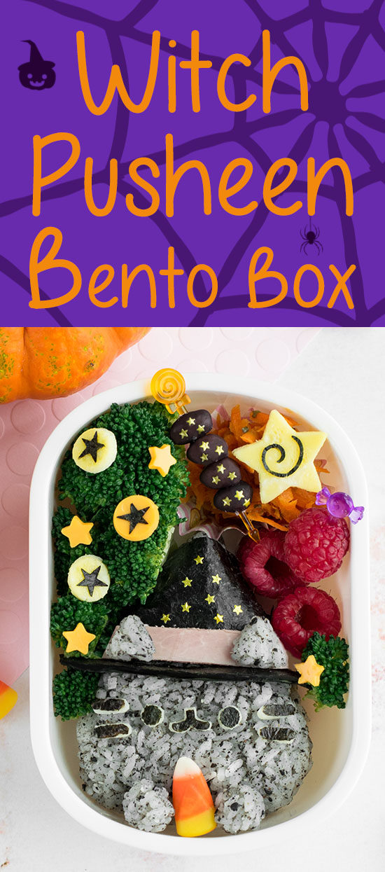 Witch Pusheen Halloween Bento Box - Make a Halloween lunch that's so cute, it's scary, thanks to the always adorable Pusheen the Cat! You won't be able to guess the 2 kitchen "magic tricks" used to make preparing this bento way faster & easier. Get the step-by-step instructions + video tutorial for this bento at: loveatfirstbento.com | charaben, kyaraben, character bento
