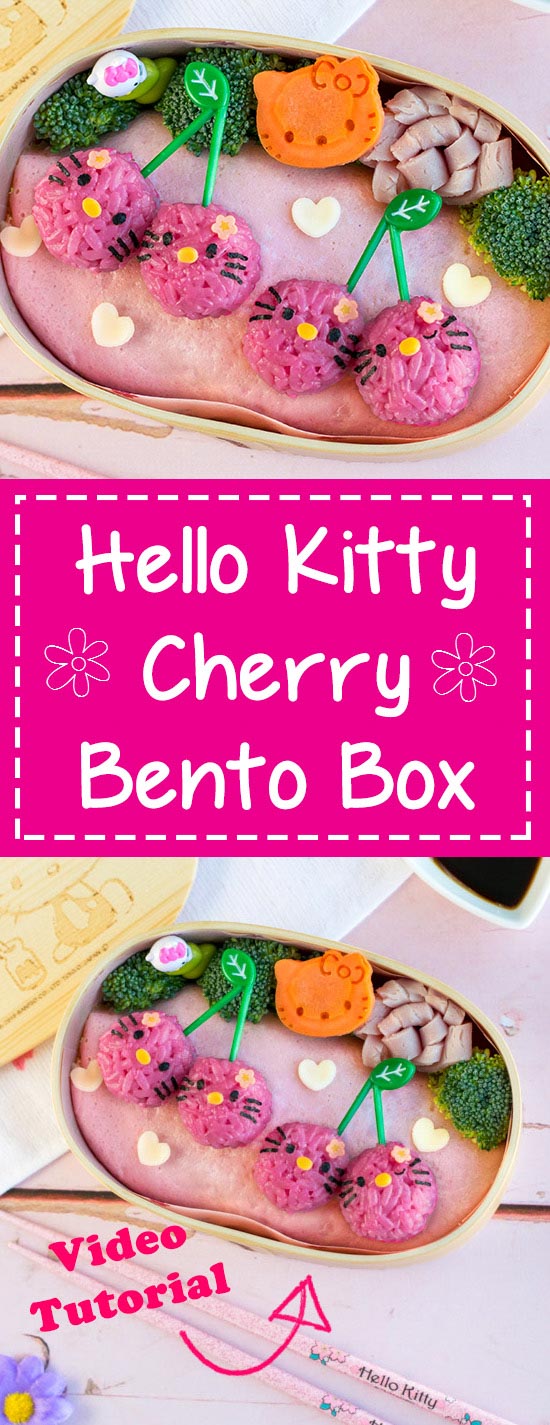 Hello Kitty Cherry Bento Box - The perfect lunch for any Hello Kitty fan, this pink & girly bento is so easy to make, it's nearly foolproof, making it perfect for beginner bento makers. Along with step-by-step instructions & video tutorial, find out the amazing tool I use to easily shape perfectly circular rice balls in just 30 seconds!! | loveatfirstbento.com [character bento, kyaraben, charaben, vegetarian]