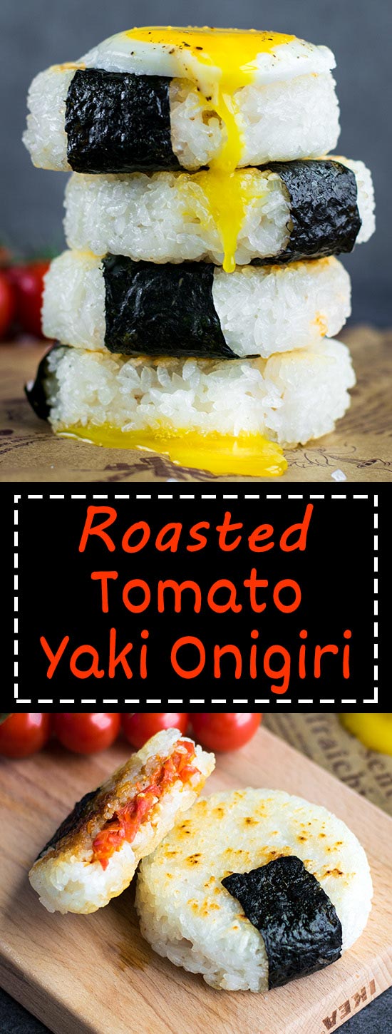 Roasted Tomato Yaki Onigiri with Fried Egg - The ultimate in lunchtime decadence! Toasty golden rice, sweet roasted tomatoes, and a runny fried egg transform your average rice ball into an irresistibly mouth-watering treat! Find out the one common kitchen tool used to make these circular onigiri - I guarantee it's in your kitchen drawers right now! Get this delicious & easy recipe at loveatfirstbento.com | bento box, Japanese food, vegetarian