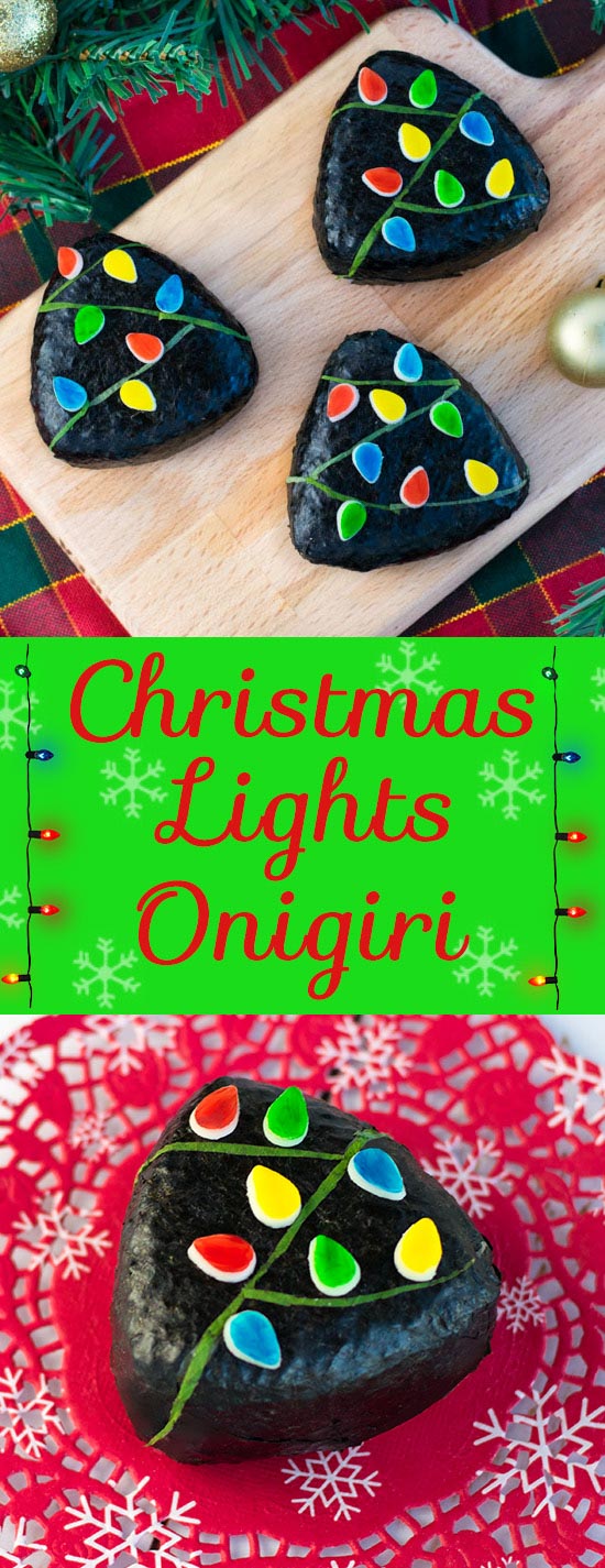 Christmas Lights Onigiri - These bright & festive rice balls are perfect for bento box lunches, holiday parties, and Christmas themed appetizers! Filled with a crazy addictive chestnut & brussels sprouts filling, learn just how fun & easy making and decorating these onigiri are with an easy to follow video tutorial + step-by-step instructions. | loveatfirstbento.com