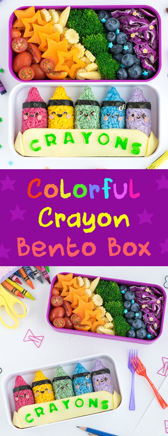 Colorful Crayon Bento Box - This super cute & colorful back-to-school bento is sure to score an A+ with students of all ages! Made from naturally dyed rice and shaped using a rice mold, even a bento beginner can easily recreate this vibrant school-themed lunch! Find out how at: loveatfirstbento.com