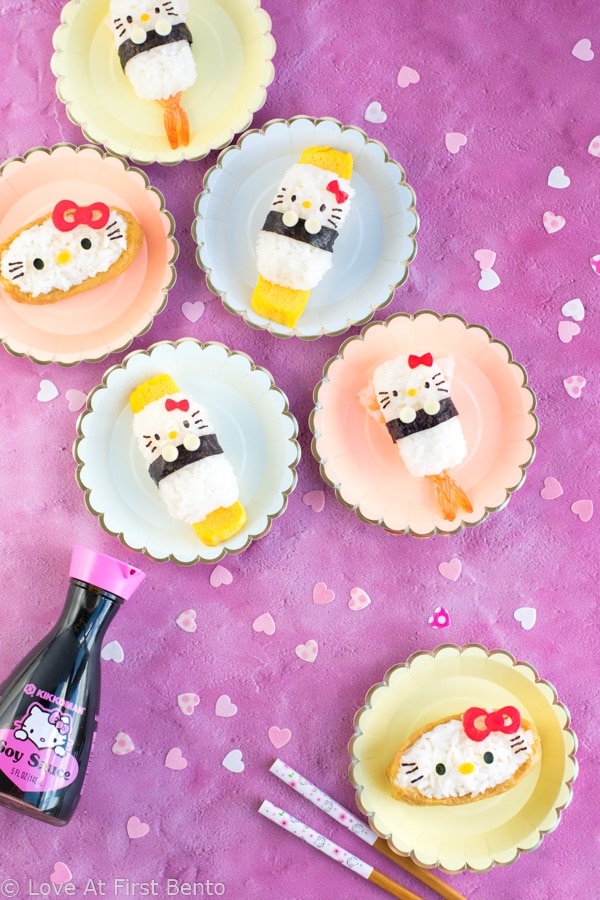 Hello Kitty Sushi Party - The perfect way to celebrate International Sushi Day! These 5 adorable Hello Kitty sushi designs are a Hello Kitty fan's dream come true, and a truly almost too cute to eat! Even complete beginners can learn how to make these Hello Kitty sushi from start to finish - find out how by visiting loveatfirstbento.com